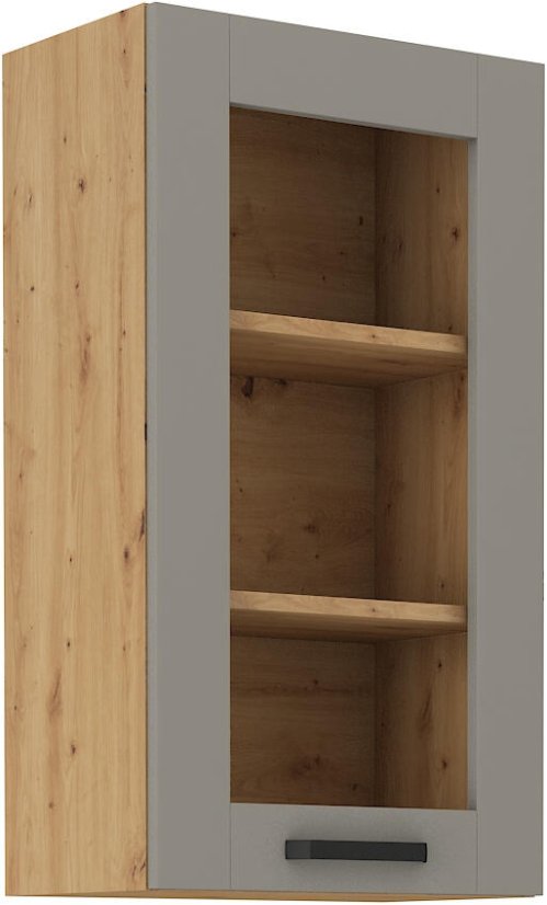 Prosklená skříň, šíře 40 cm , výška 90 cm - Korpus: Dub artisan, Dvířka: Světle šedý mat