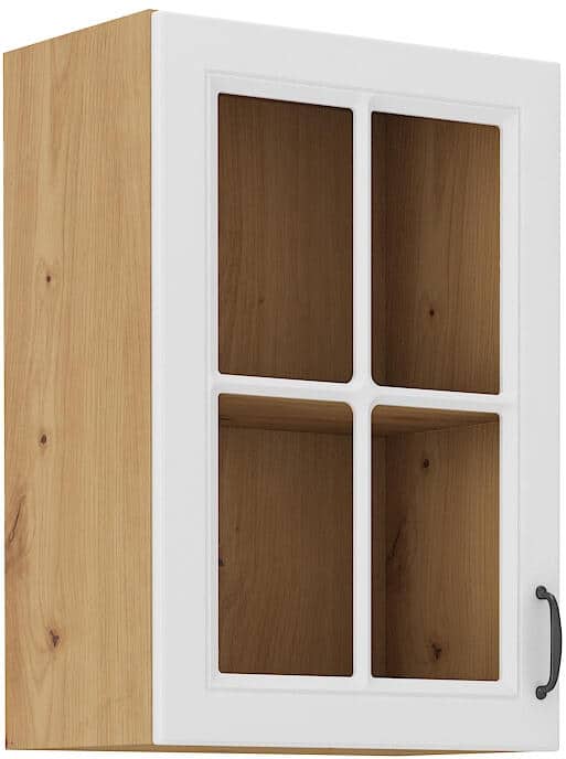 Horní prosklená skříň, široká 40 cm - Korpus: Dub artisan, Dvířka: Bílý mat