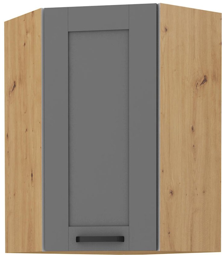 Rohová skříň 45°, výška 90 cm - Korpus: Dub artisan, Dvířka: Šedý mat
