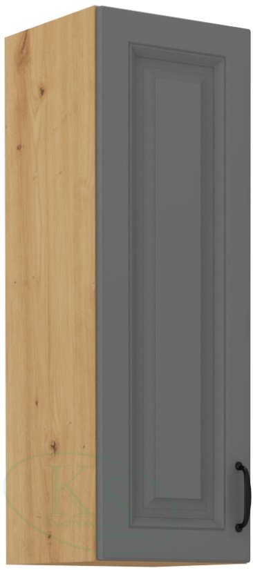Skříň, šíře 30 cm, vysoká 90 cm - Korpus: Dub artisan, Dvířka: Šedý mat