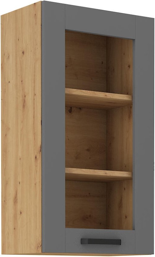 Prosklená skříň, šíře 40 cm , výška 90 cm - Korpus: Dub artisan, Dvířka: Šedý mat