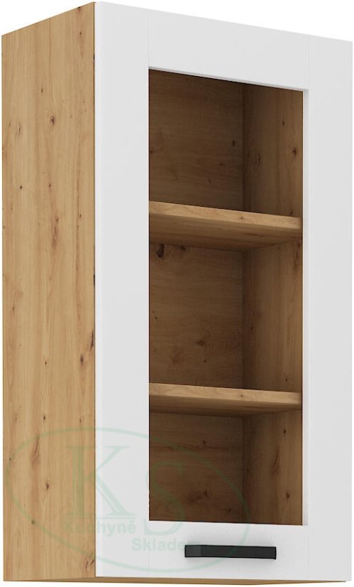 Prosklená skříň, šíře 40 cm , výška 90 cm - Korpus: Dub artisan, Dvířka: Bílý mat
