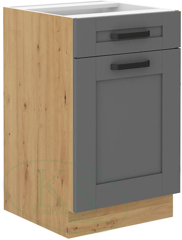 Skříň se šuplíkem, šíře 50 cm - Korpus: Dub artisan, Dvířka: Šedý mat