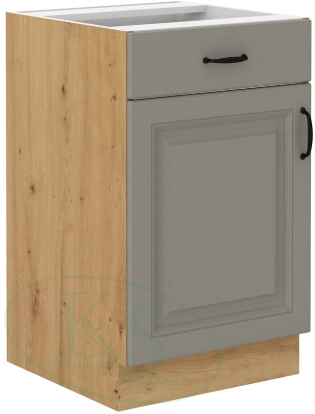 Skříň se šuplíkem, šíře 50 cm - Korpus: Dub artisan, Dvířka: Světle šedý mat Skříň se šuplíkem, šíře 50 cm - Korpus: Dub artisan, Dvířka: Světle šedý mat